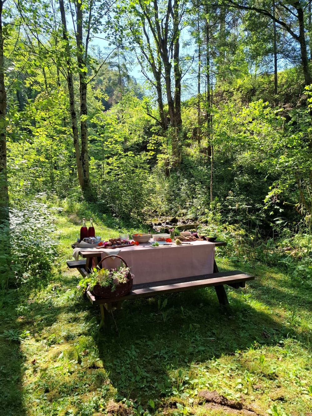 Picknicktisch im Wald - gemütlicher Platz in der Natur für Workshops und Pausen